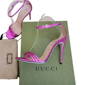 Gucci Pink GG Logo Fuxia Metallic Leather Silk Sandals High Heels Strappy 9 39